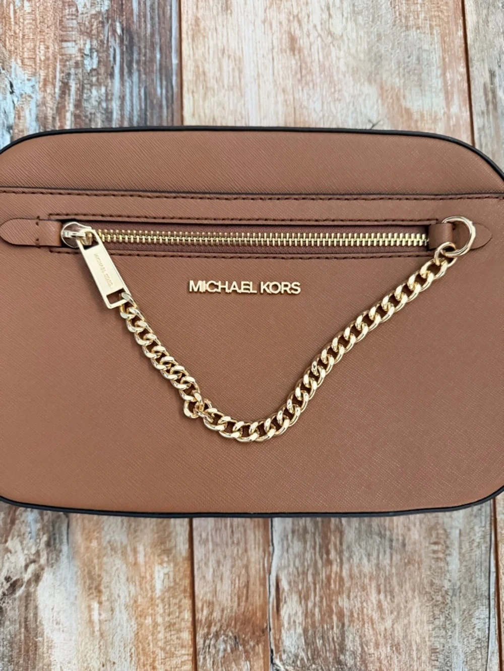 Michael Kors Tan Saffiano Leather Crossbody with Gold Chain